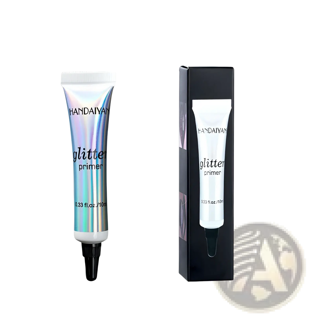 A sleek iridescent holographic tube of Handaiyan glitter primer with black cap and white label for eye shadow milk use
