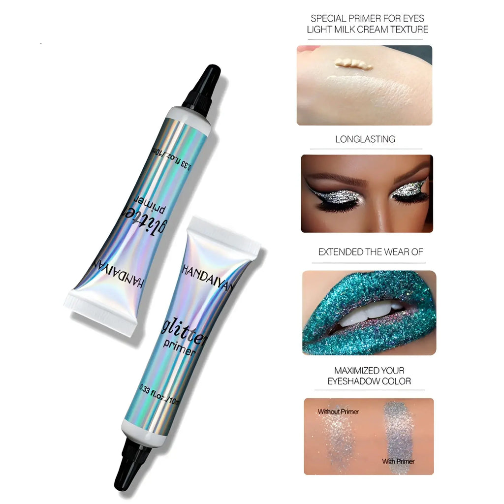 Handaiyan glitter primer iridescent eye shadow milk in a holographic tube with black cap and white base