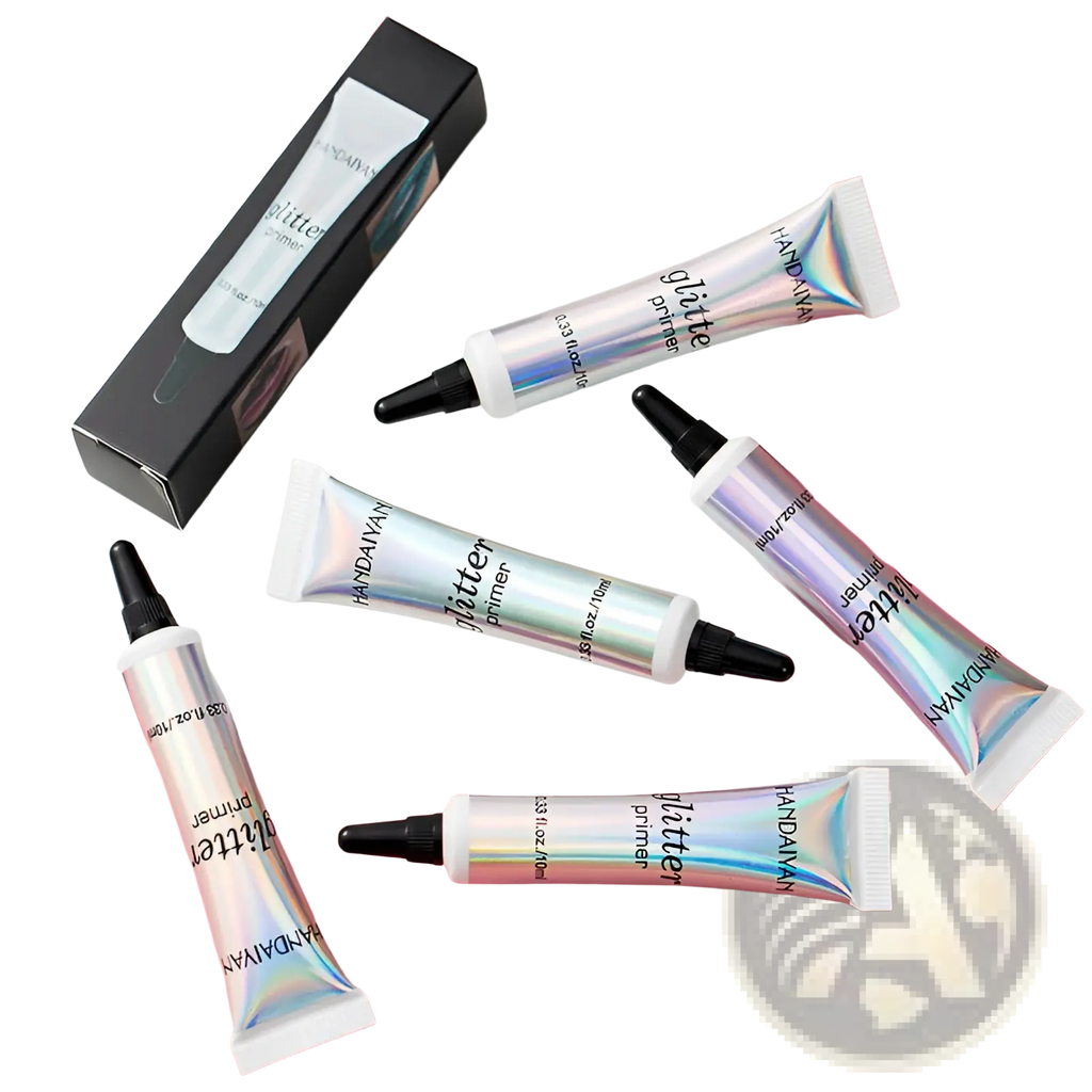 Iridescent holographic tubes of handaiyan glitter primer with black caps and white tips for eye shadow application