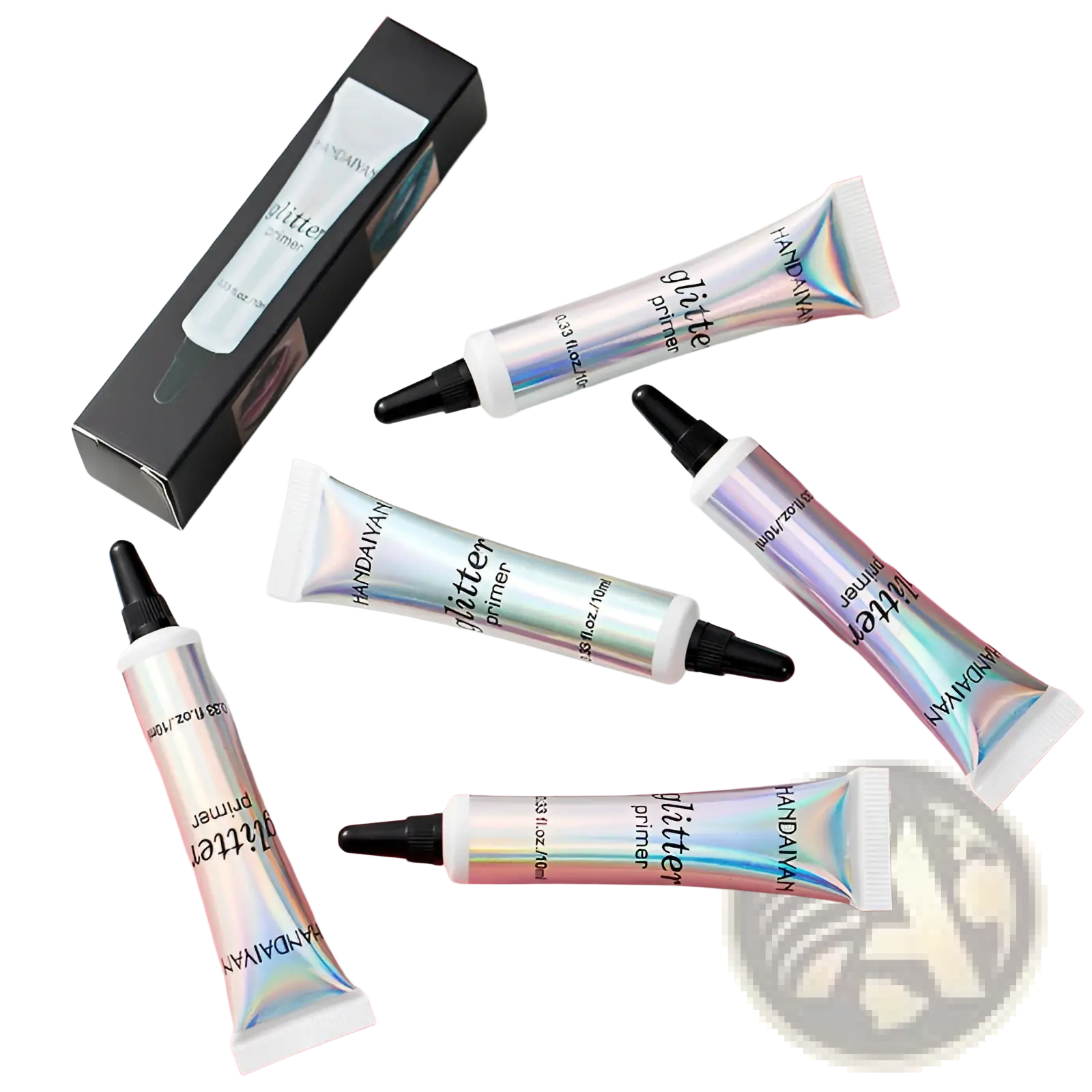 Iridescent holographic tubes of handaiyan glitter primer with black caps and white tips for eye shadow application