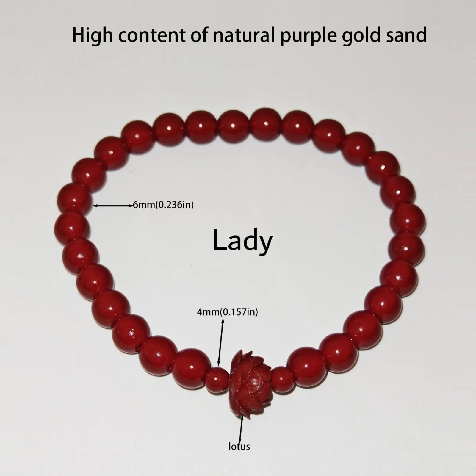 Handcrafted cinnabar lotus and calabash red beaded bracelet featuring a carved lotus charm with natural purple gold sand beads