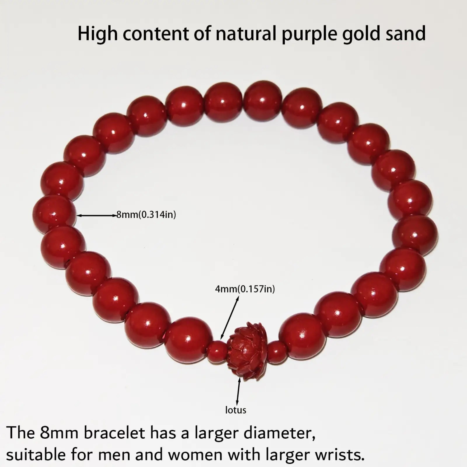 Red beaded handcrafted cinnabar lotus bracelet with carved lotus centerpiece and 8mm spherical beads with accents