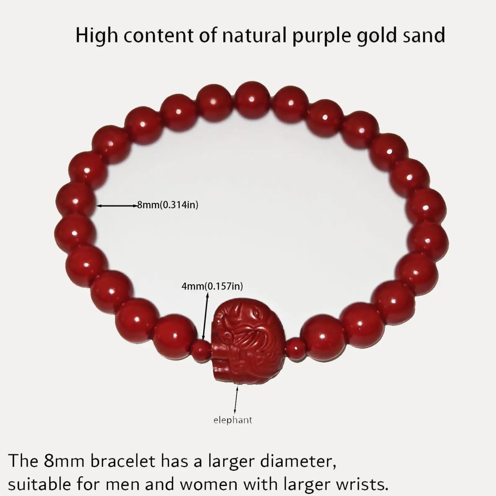 Handcrafted cinnabar lotus and calabash red beaded bracelet with carved elephant charm and 8mm round beads
