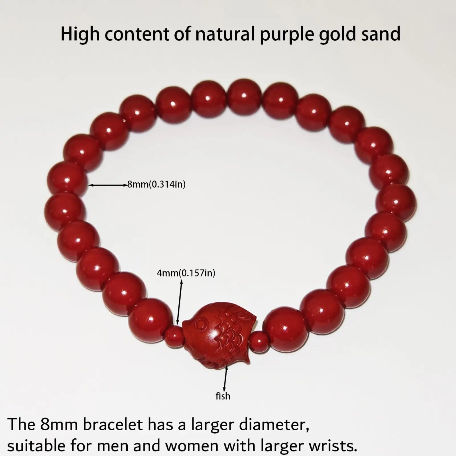 Handcrafted cinnabar lotus and calabash red beaded bracelet with 8mm spherical beads and carved fish charm