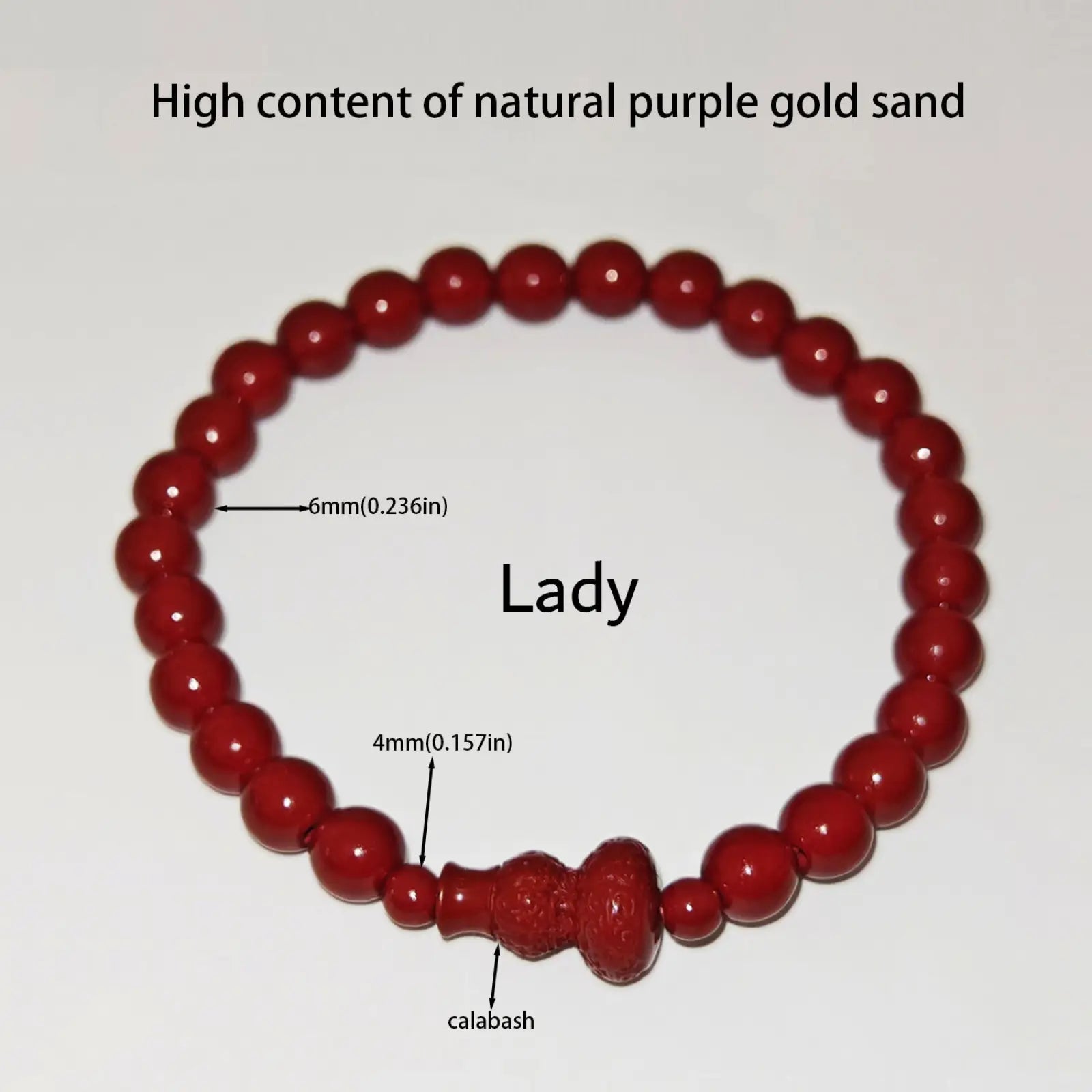 Handcrafted cinnabar lotus red beaded bracelet with a carved calabash centerpiece in cinnabar material