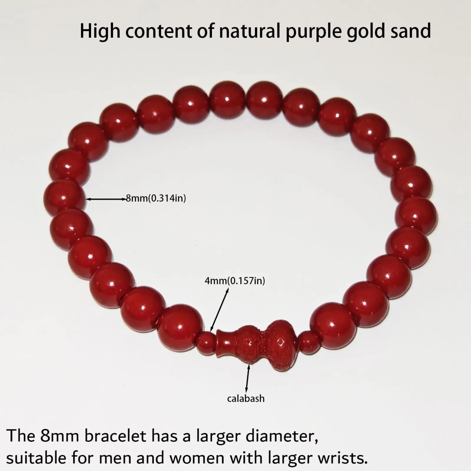 Handcrafted cinnabar lotus red beaded bracelet with central calabash accent made from natural purple gold sand