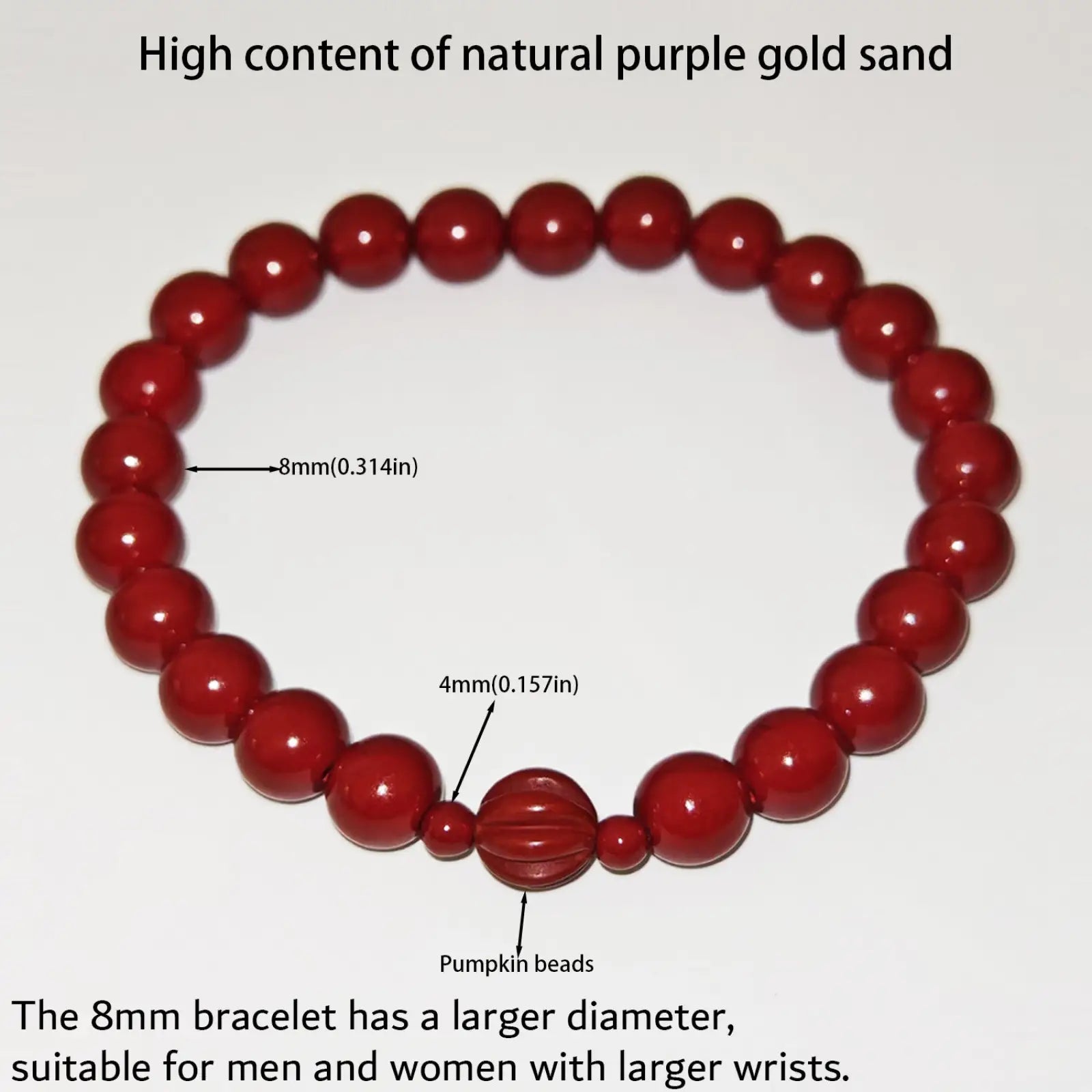 Handcrafted cinnabar lotus and calabash red beaded bracelet with central pumpkin bead and uniform 8mm spherical beads