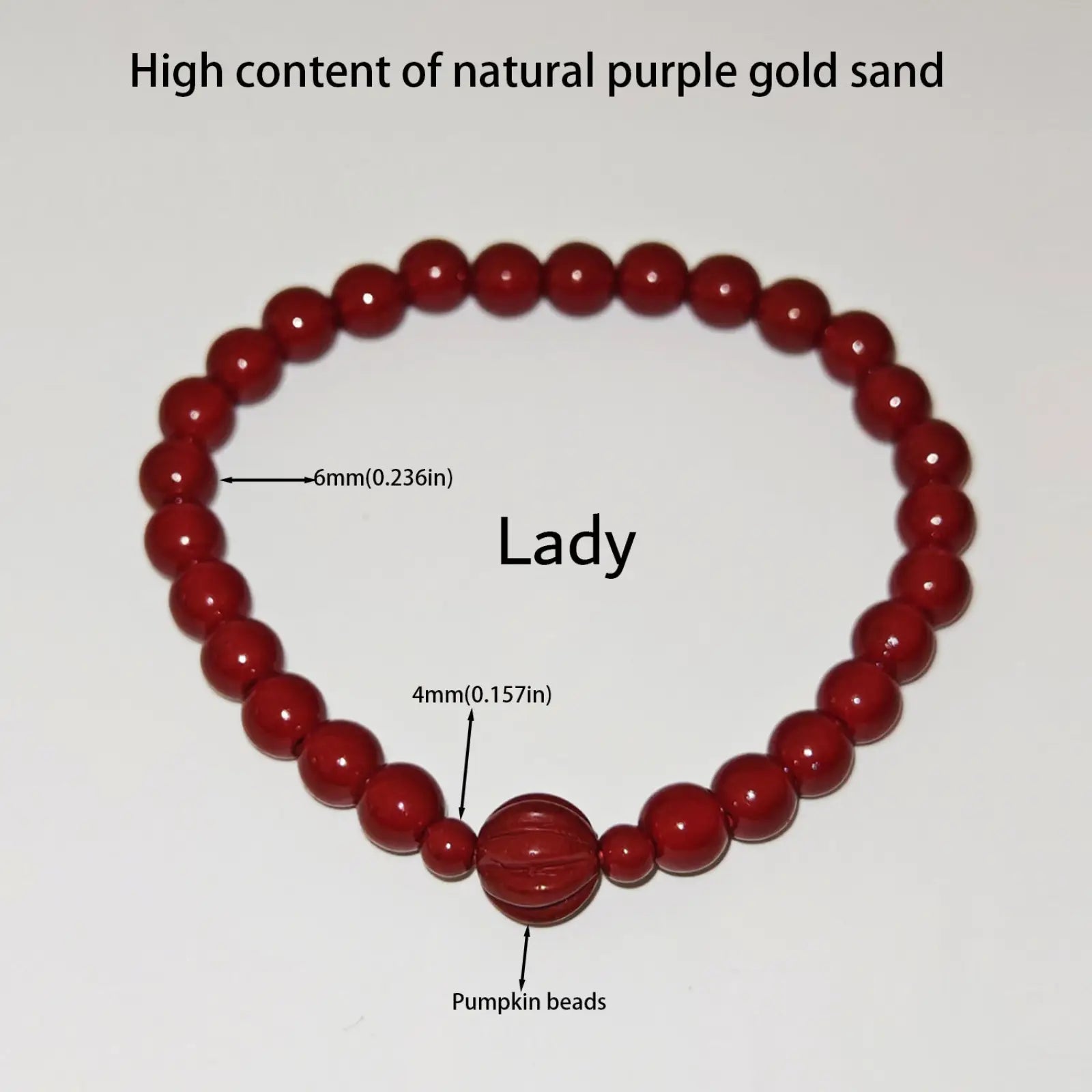 Handcrafted cinnabar lotus and calabash red beaded bracelet with central pumpkin bead and 6mm spherical beads
