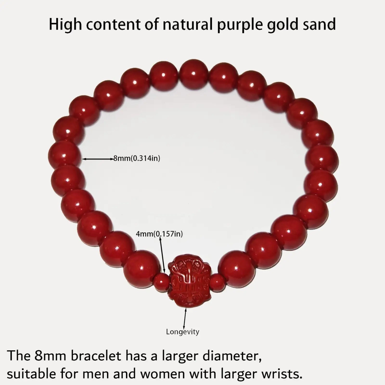 Handcrafted cinnabar lotus and calabash beaded bracelet with red 8mm spherical beads and a central carved charm