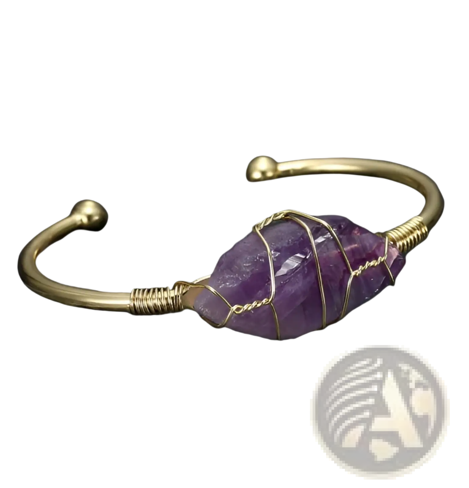 Handcrafted natural gemstone wire wrapped gold cuff bracelet featuring a faceted purple amethyst stone