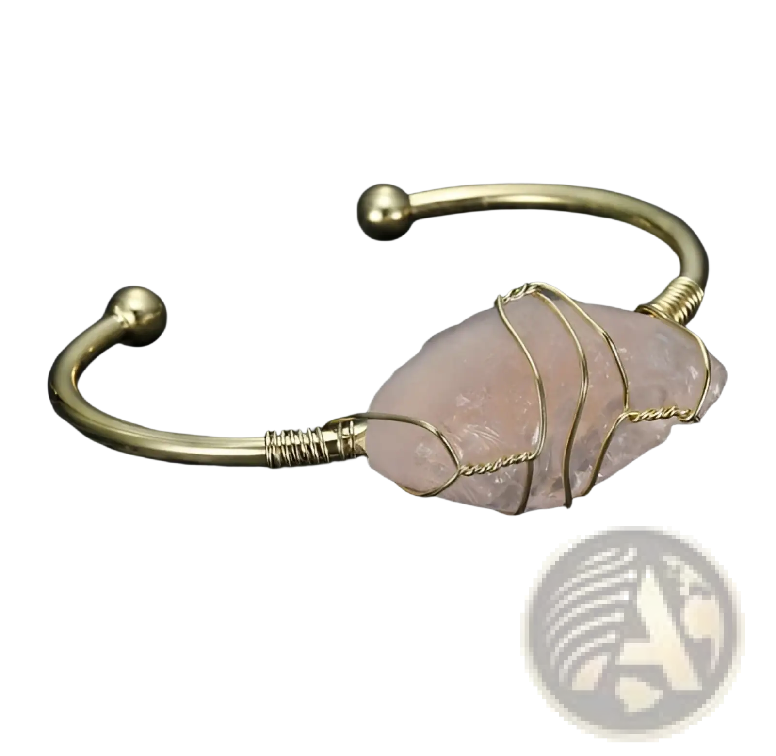 Handcrafted natural gemstone wire wrapped gold cuff bracelet with a delicate gold-toned wire and faceted rose quartz stone