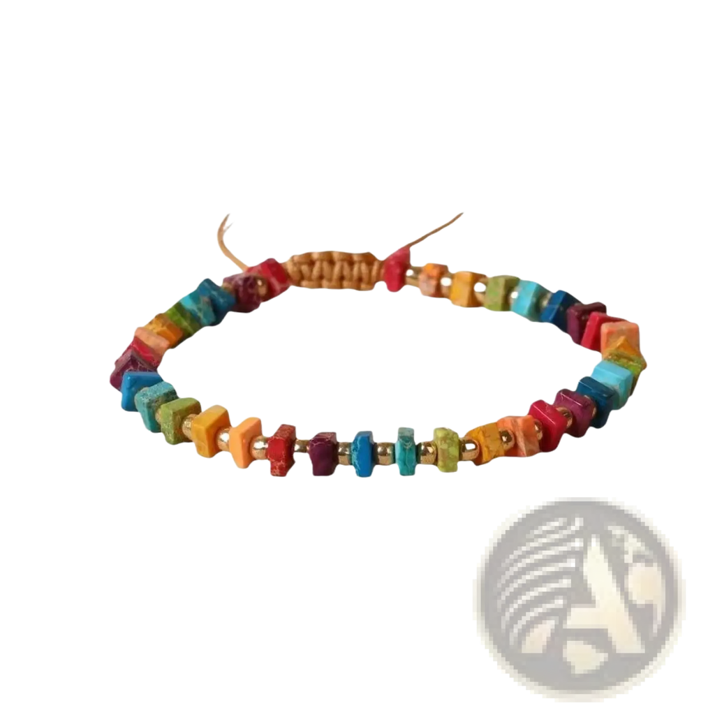 Handcrafted rainbow square stone woven yoga bracelet with colorful square beads on an adjustable woven cord