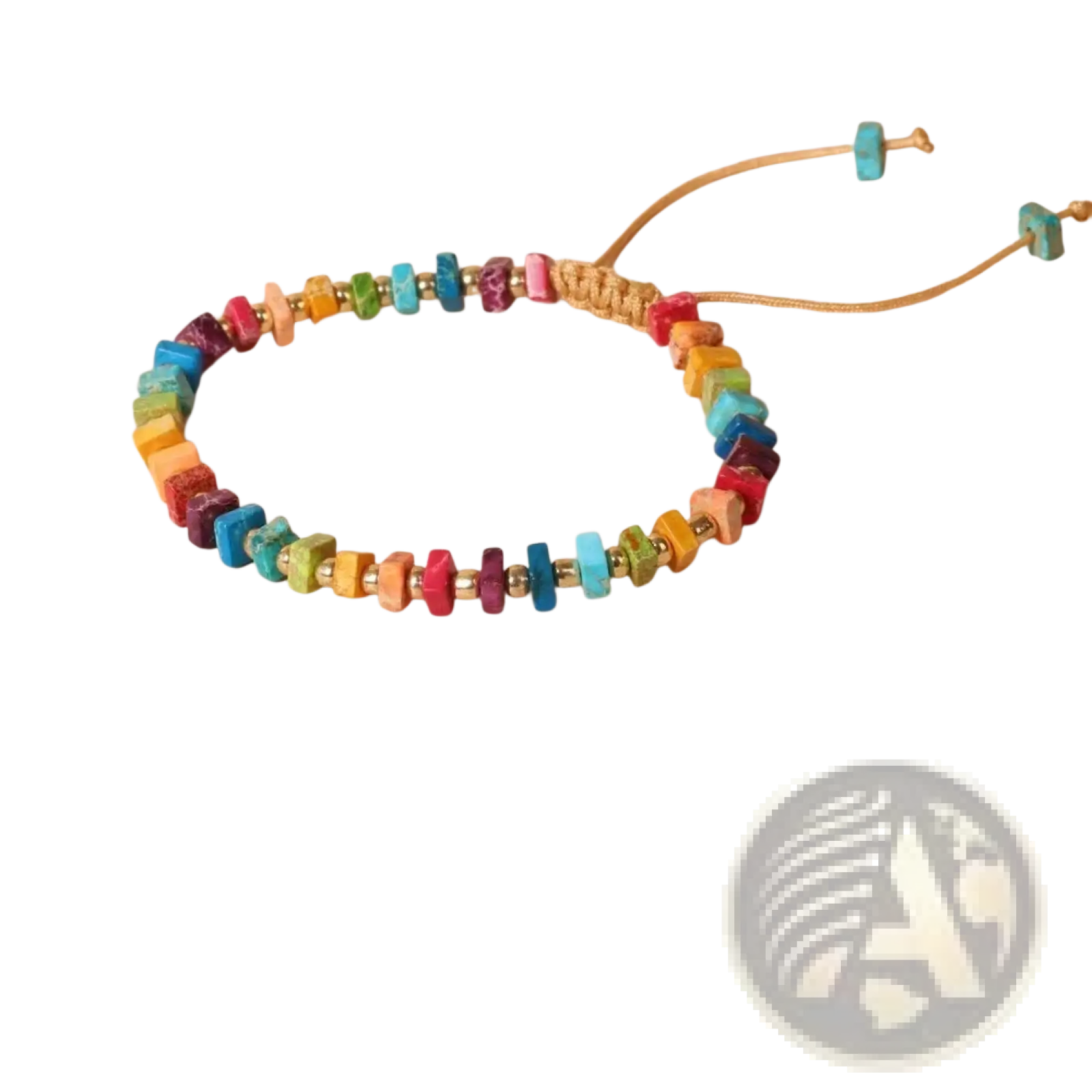 Handcrafted rainbow square stone woven yoga bracelet with colorful beads gold accents and tan cord closure
