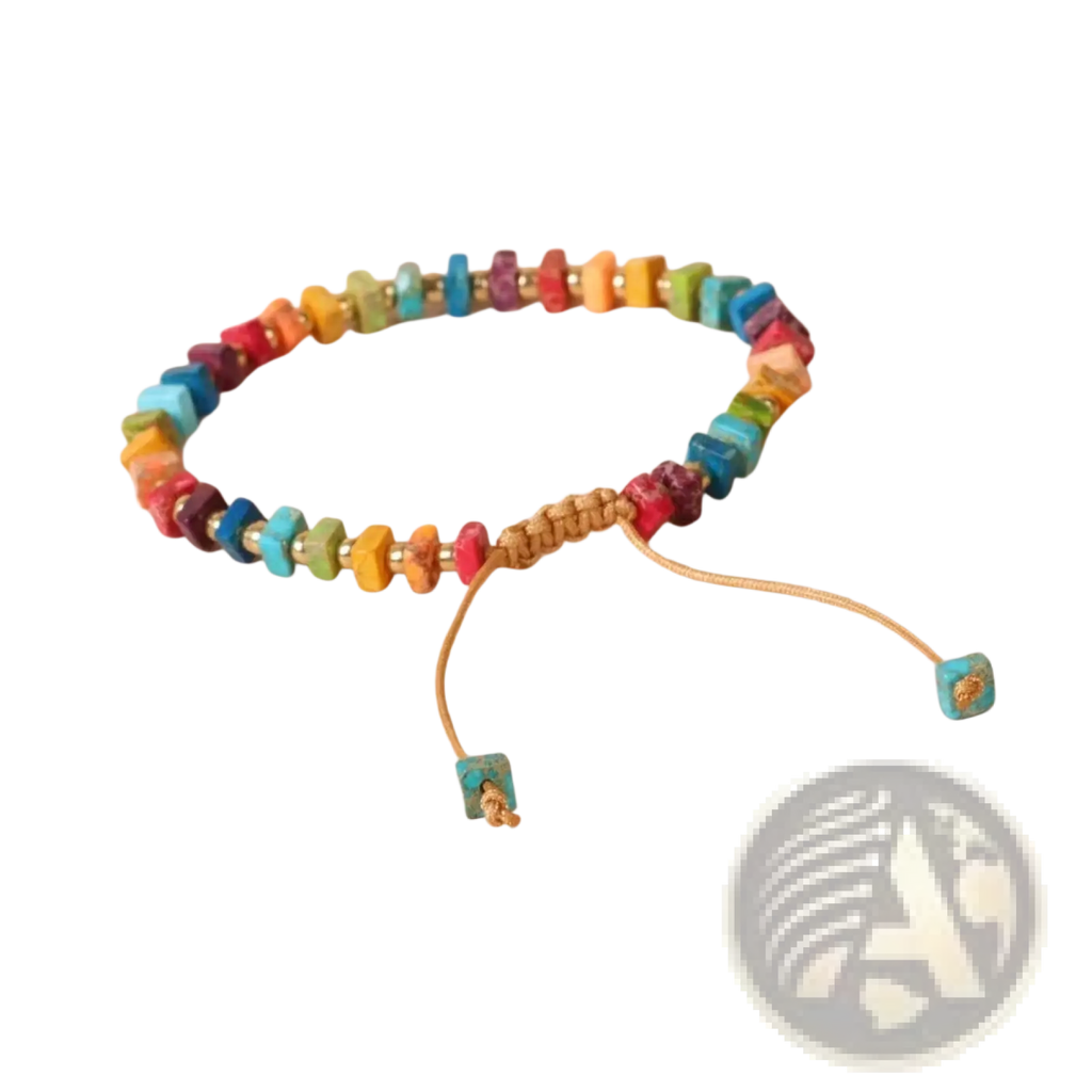 Handcrafted rainbow square stone woven yoga bracelet with vibrant turquoise red yellow green and purple beads on tan cord