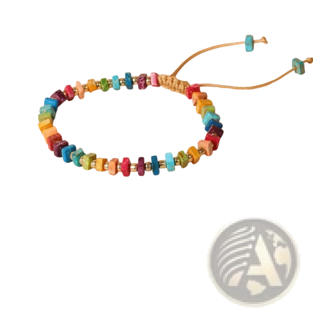 Handcrafted rainbow square stone woven yoga bracelet with colorful beads gold accents and tan cord closure