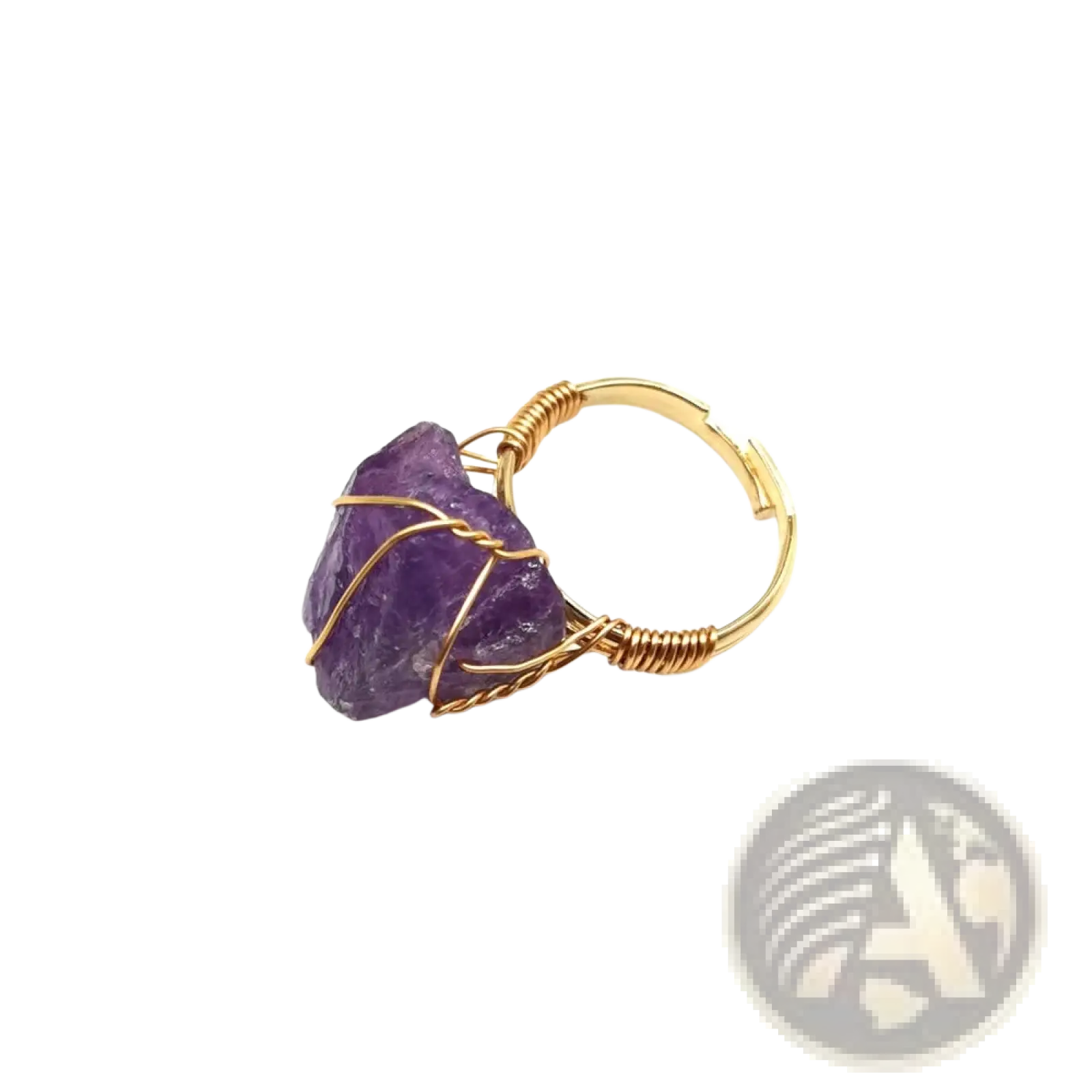 Handcrafted raw gemstone gold wire wrapped adjustable ring with a raw faceted purple amethyst stone