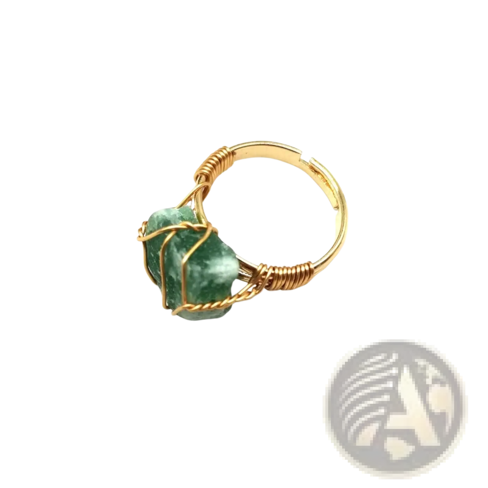 Handcrafted raw gemstone gold wire wrapped adjustable ring featuring a raw faceted green gemstone centerpiece