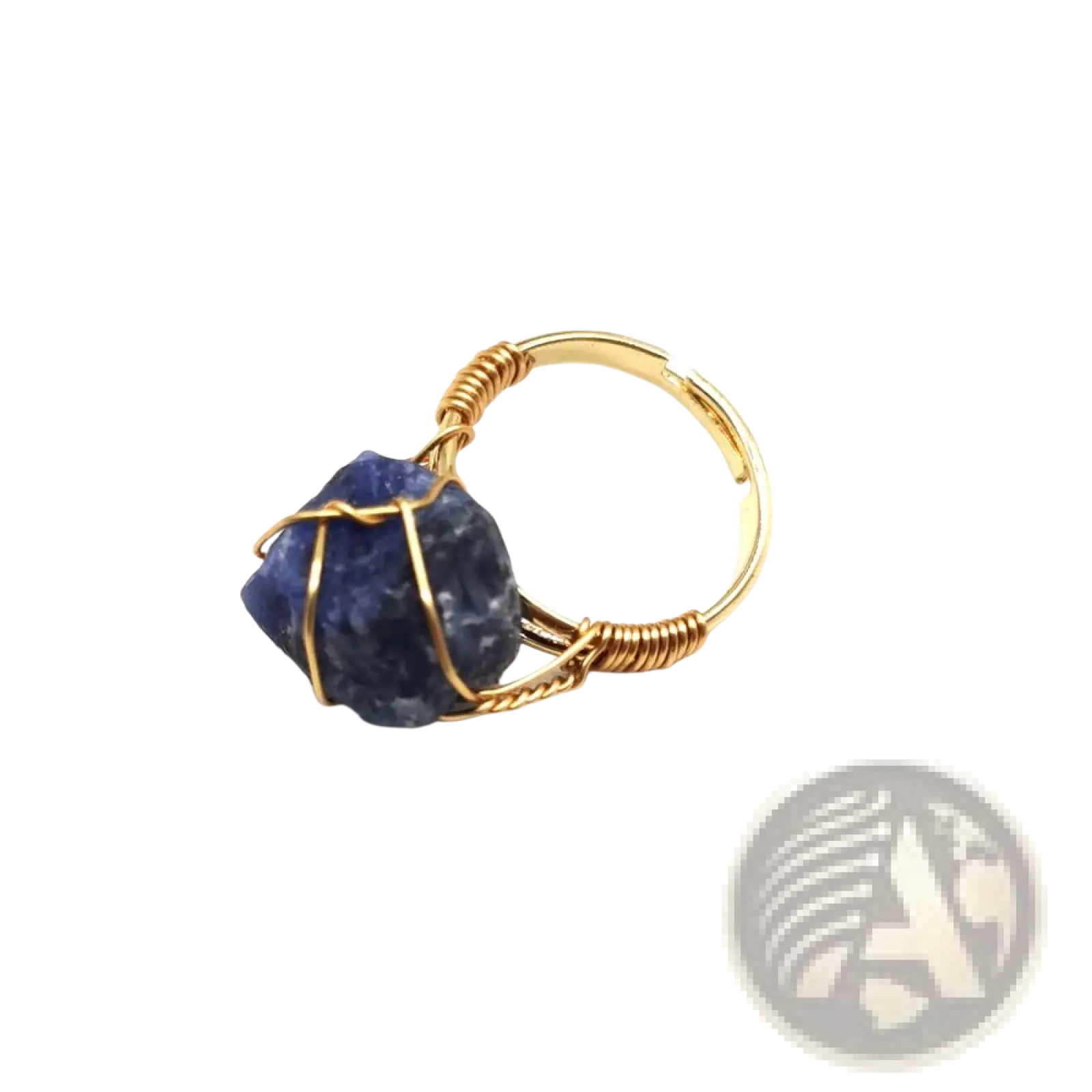 Handcrafted gold wire-wrapped adjustable ring featuring a raw deep blue sapphire gemstone centerpiece