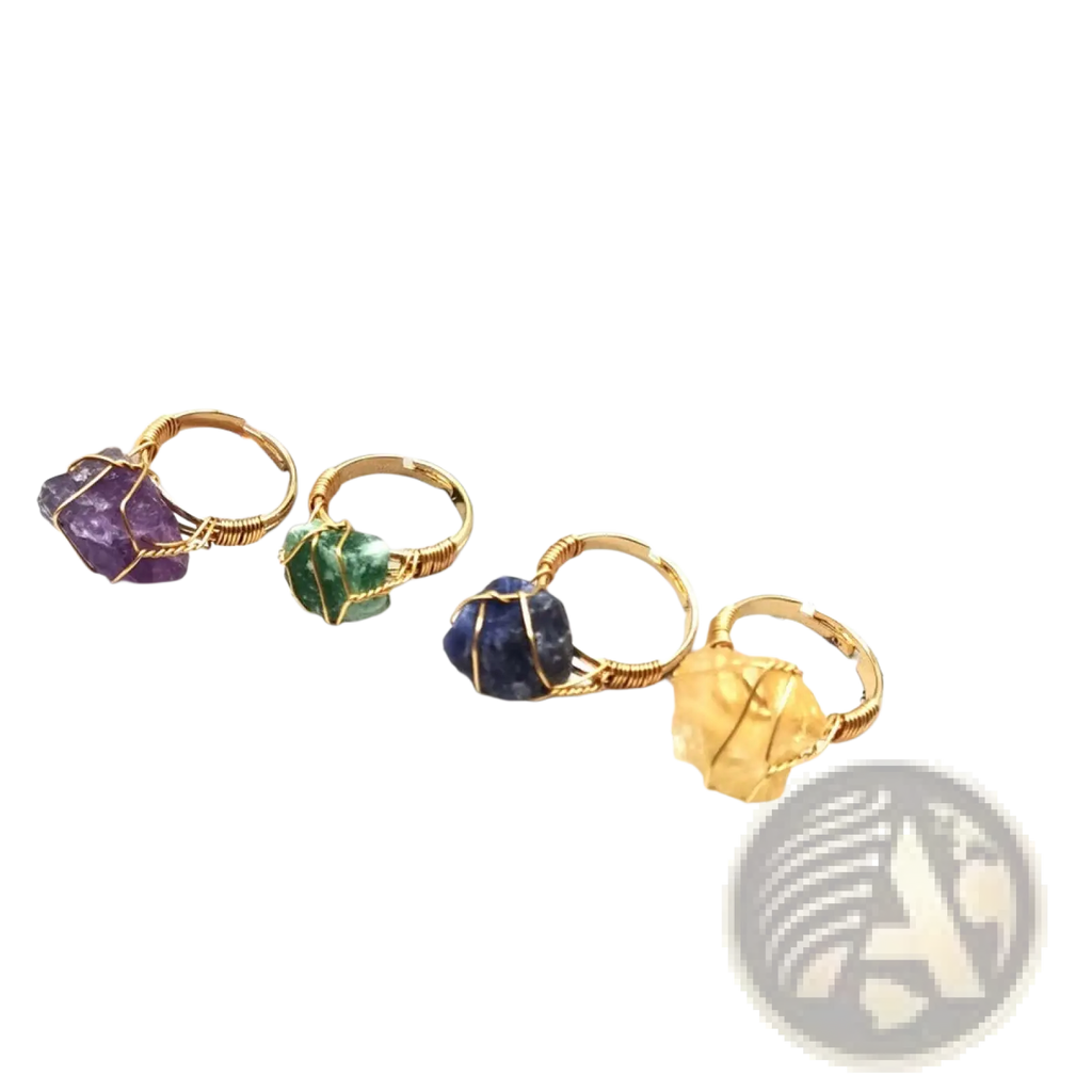 Handcrafted raw gemstone gold wire wrapped adjustable rings with purple amethyst green emerald blue sapphire and yellow citrine