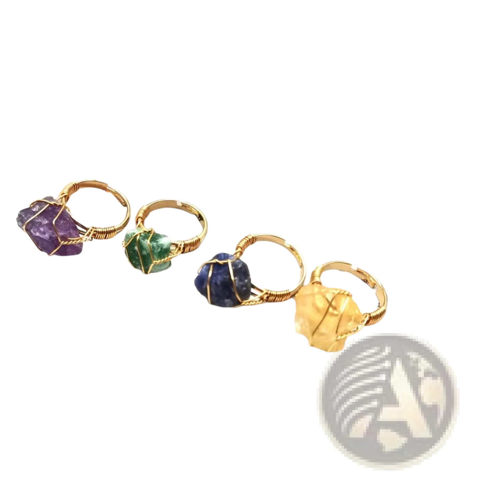 Handcrafted raw gemstone gold wire wrapped adjustable rings with purple amethyst green emerald blue sapphire and yellow citrine