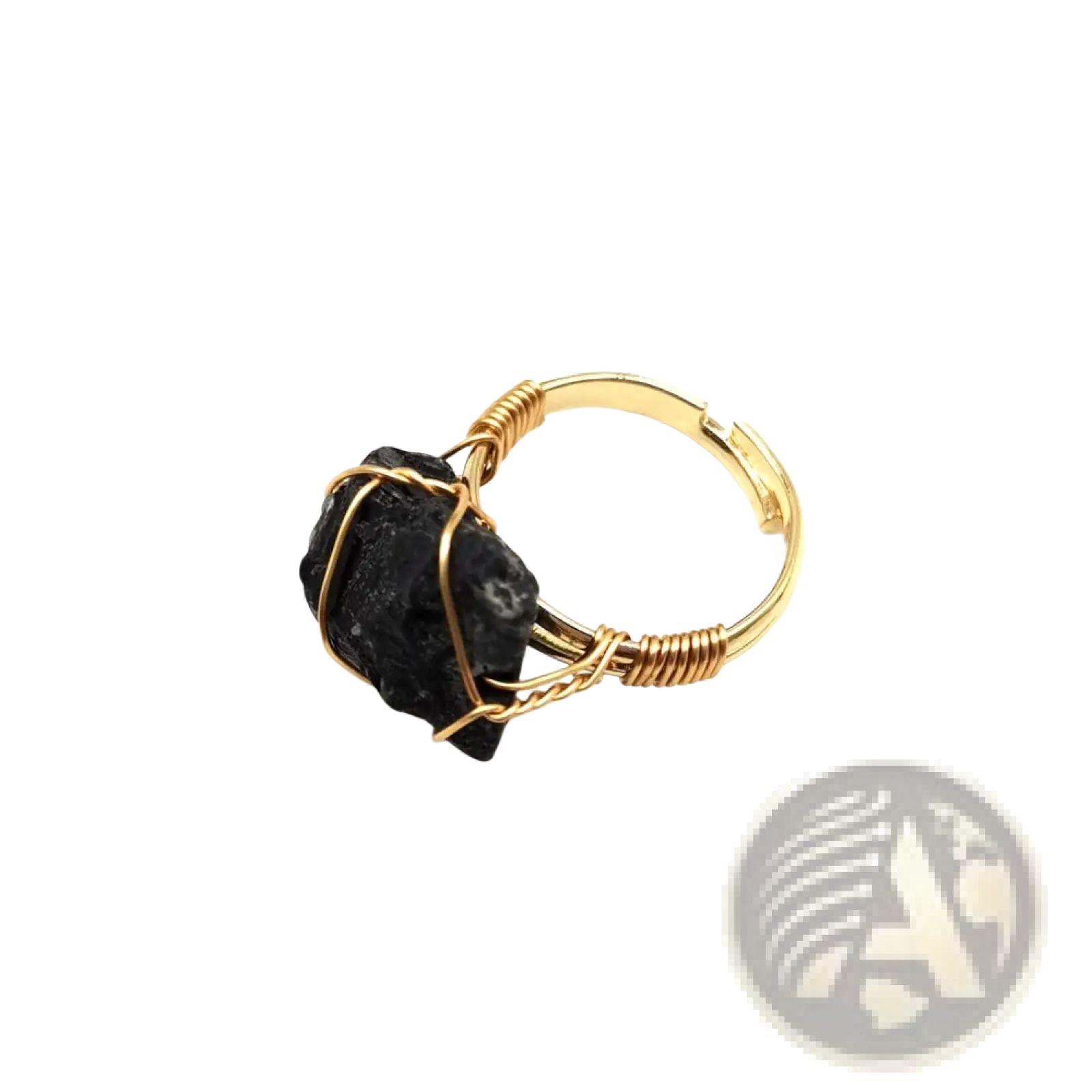 Handcrafted adjustable gold wire-wrapped ring featuring a raw black obsidian gemstone