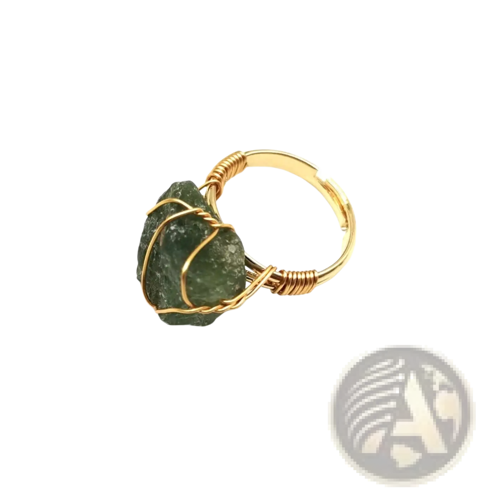 Handcrafted adjustable gold wire wrapped ring featuring a raw dark green moss agate gemstone