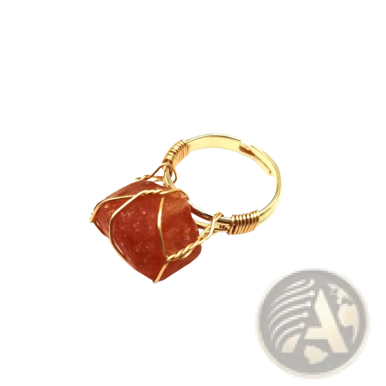 Handcrafted adjustable gold wire wrapped ring with a rough orange red carnelian gemstone centerpiece