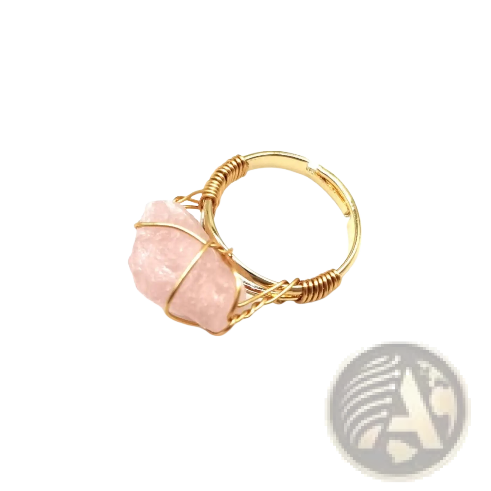 Handcrafted raw gemstone gold wire wrapped adjustable ring with a delicate natural faceted pink rose quartz stone