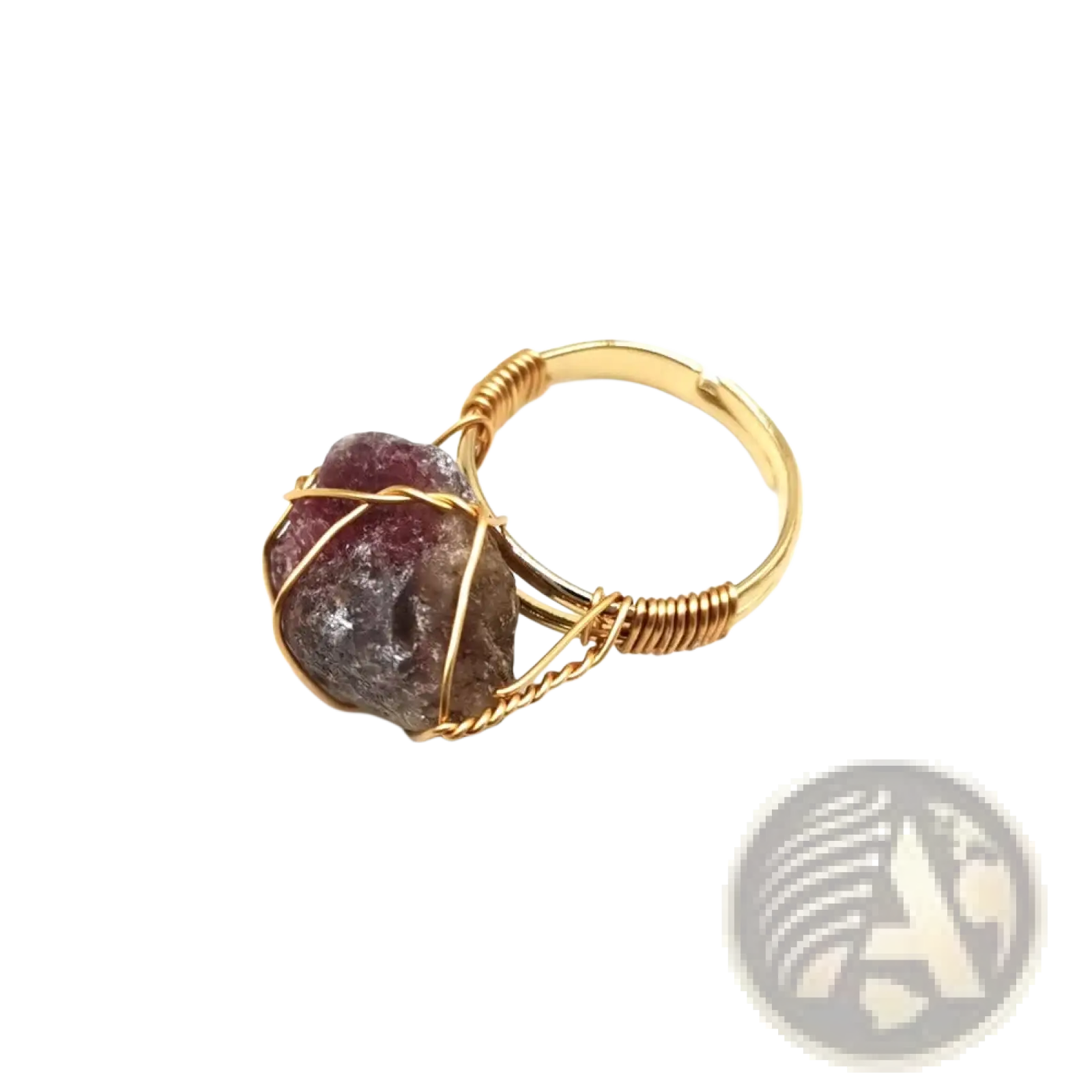 Handcrafted adjustable gold wire wrapped ring featuring a raw faceted ruby colored gemstone