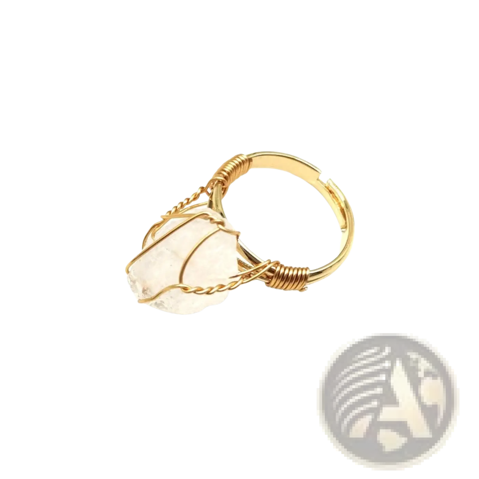Handcrafted raw gemstone gold wire wrapped adjustable ring with a delicate gold wire and translucent white quartz stone