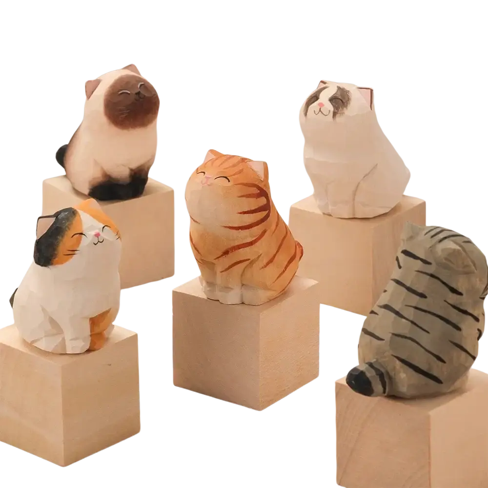 Handcrafted wooden cat figurine desk decor with painted fur patterns and closed eyes on light cube base factory direct actual product