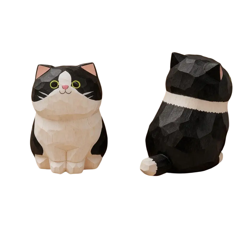 Handcrafted black and white wooden cat figurine with painted green eyes and pink nose factory direct desk decor actual product