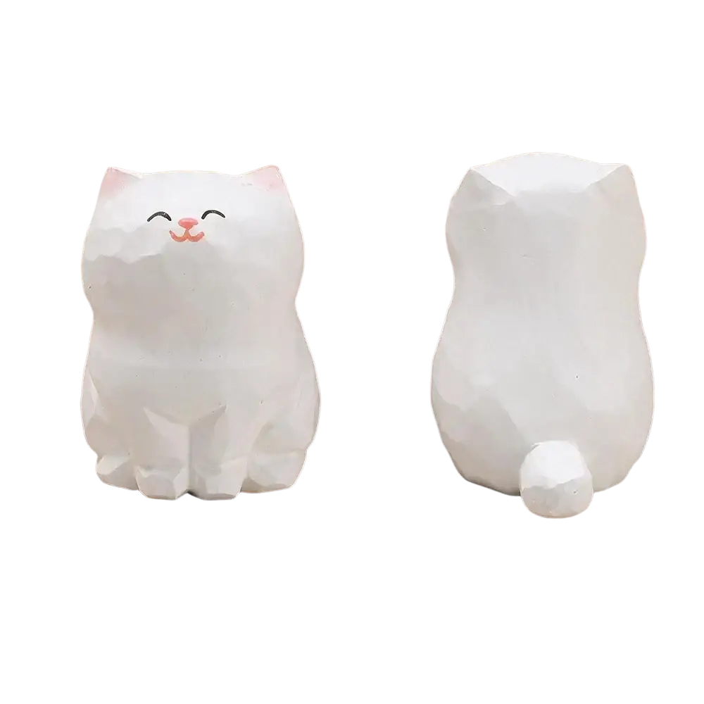 Handcrafted wooden cat figurine desk decor with white ceramic smiling cat featuring pink inner ears and nose factory direct actual product