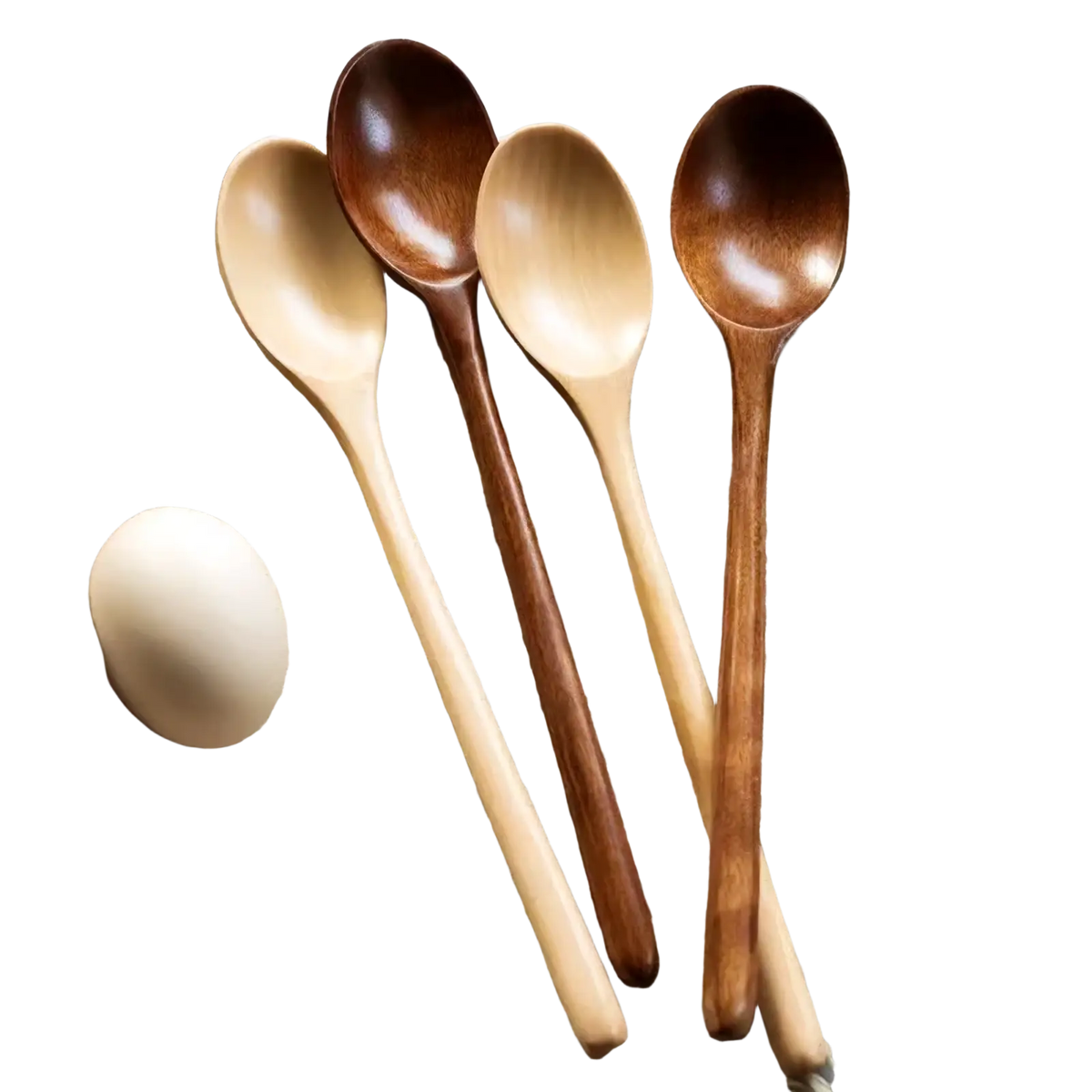 Handcrafted wooden spoon set four piece kitchen utensil featuring natural and rich brown tones with polished surfaces