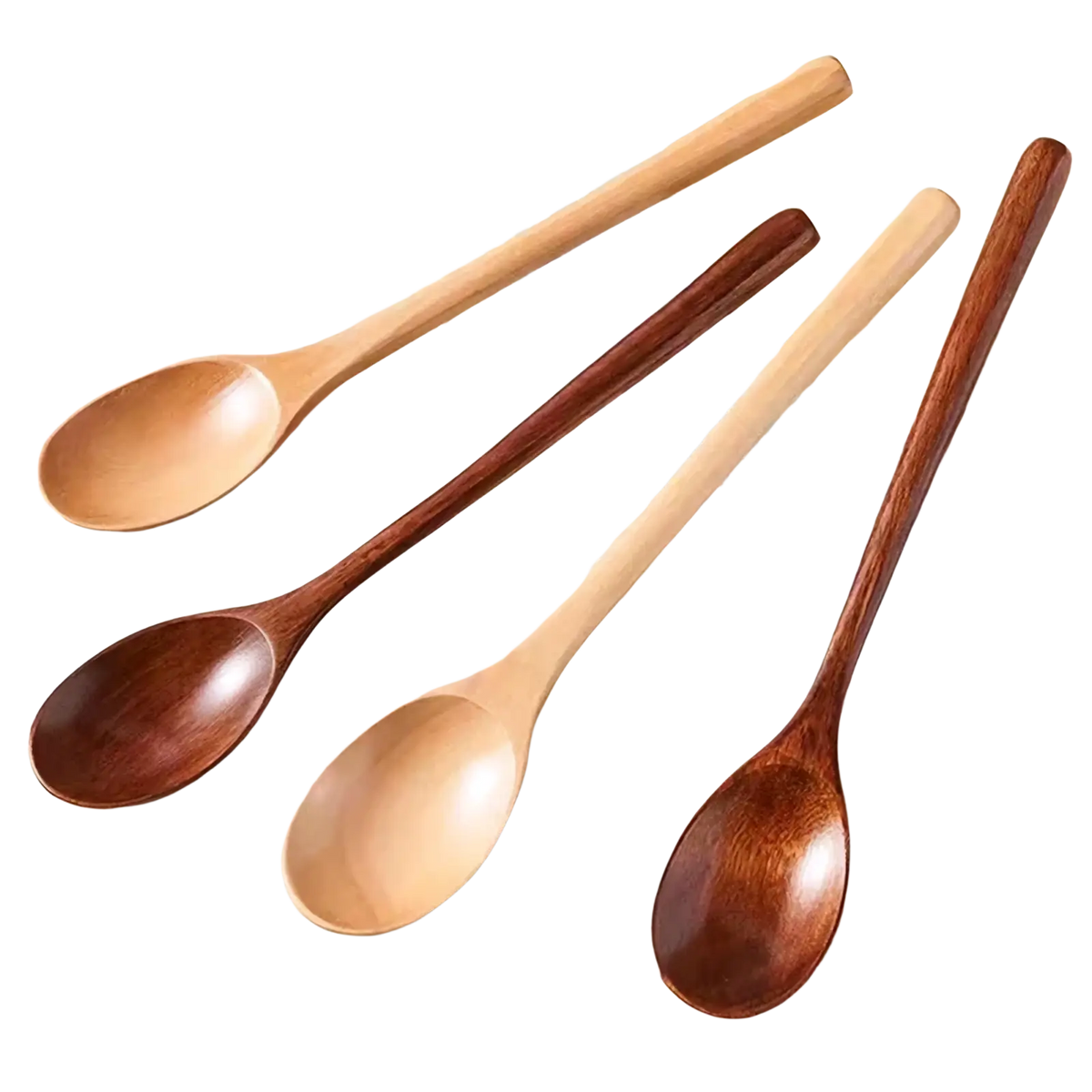 Handcrafted wooden spoon set four piece kitchen utensil with smooth polished natural and dark brown finishes