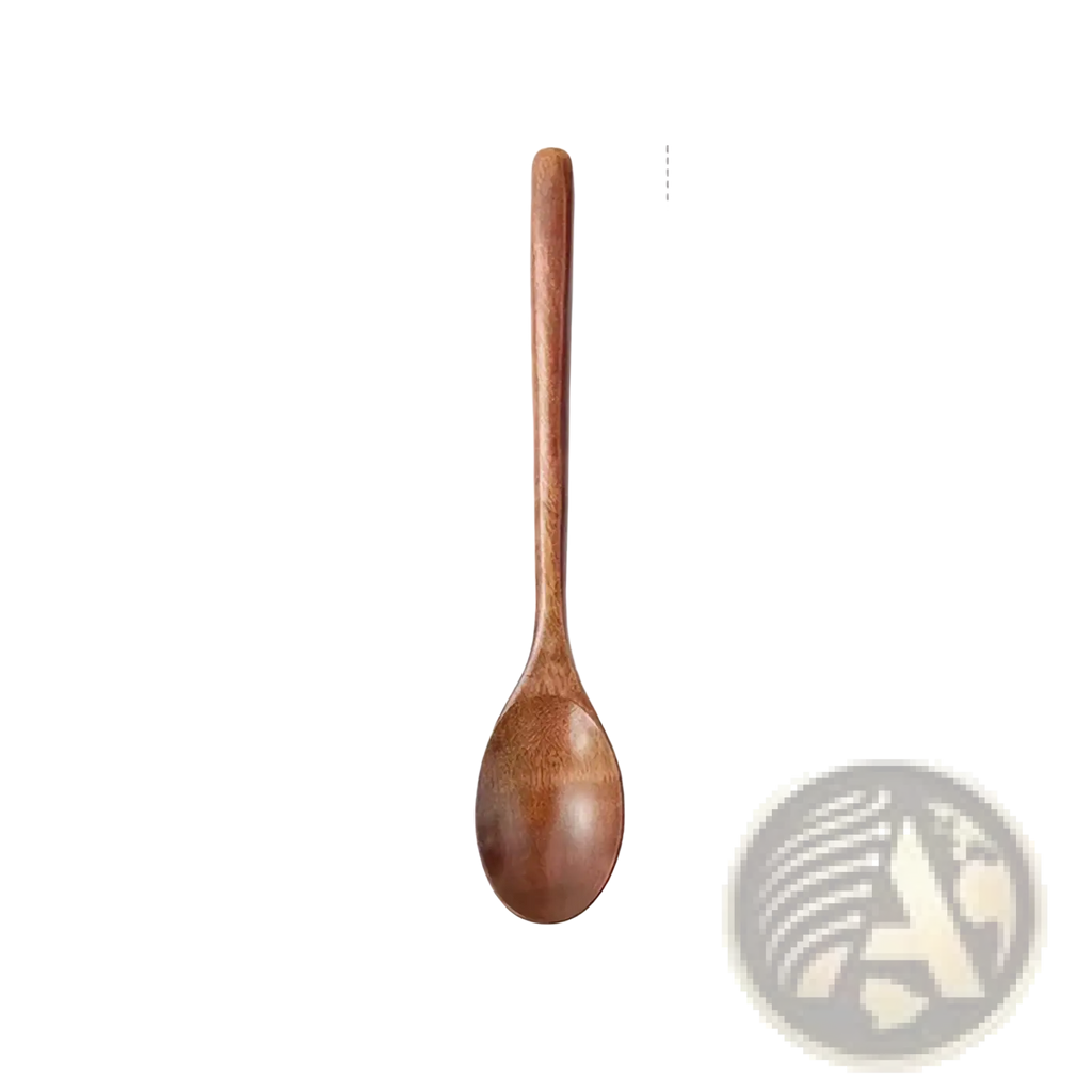 A smooth medium-brown handcrafted wooden spoon with a curved bowl and slender handle from a four piece utensil set