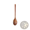 A smooth medium-brown handcrafted wooden spoon with a curved bowl and slender handle from a four piece utensil set