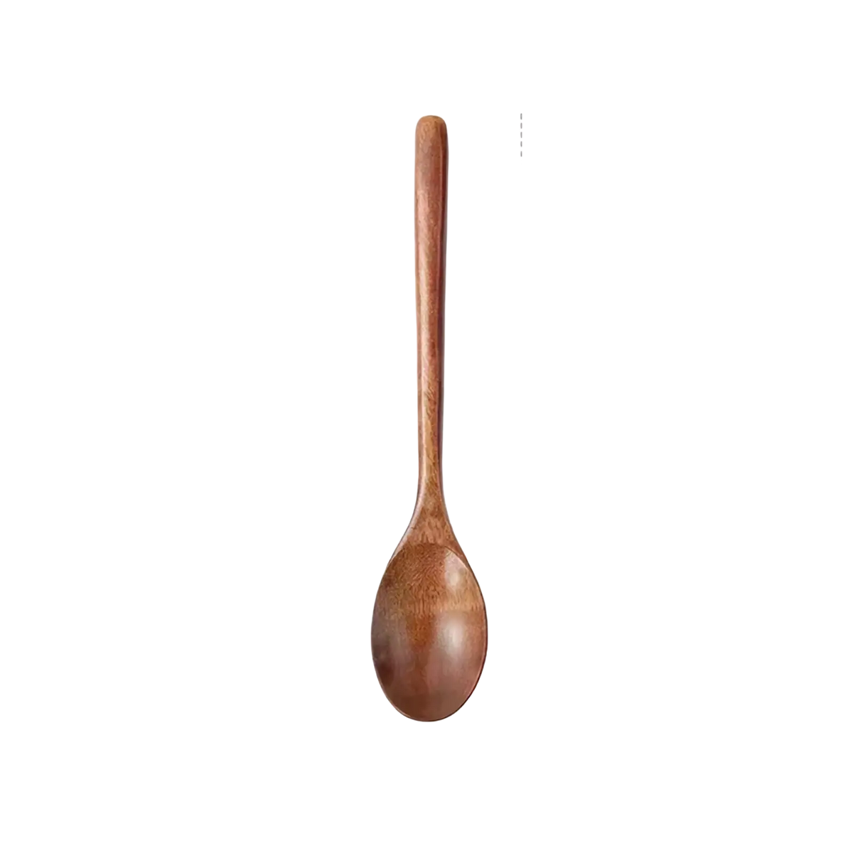 A smooth medium-brown handcrafted wooden spoon with a curved bowl and slender handle from a four piece utensil set