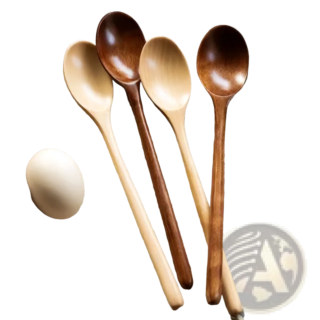Handcrafted wooden spoon set four piece kitchen utensil featuring natural and rich brown tones with polished surfaces