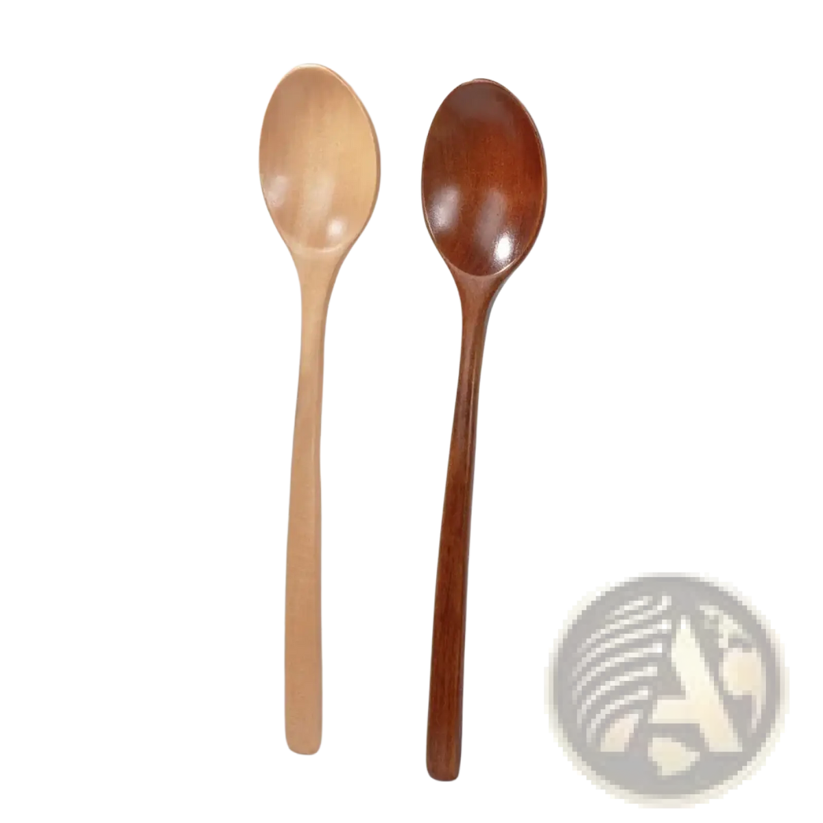 Two handcrafted wooden spoons in natural light and polished brown finishes from a kitchen utensil set
