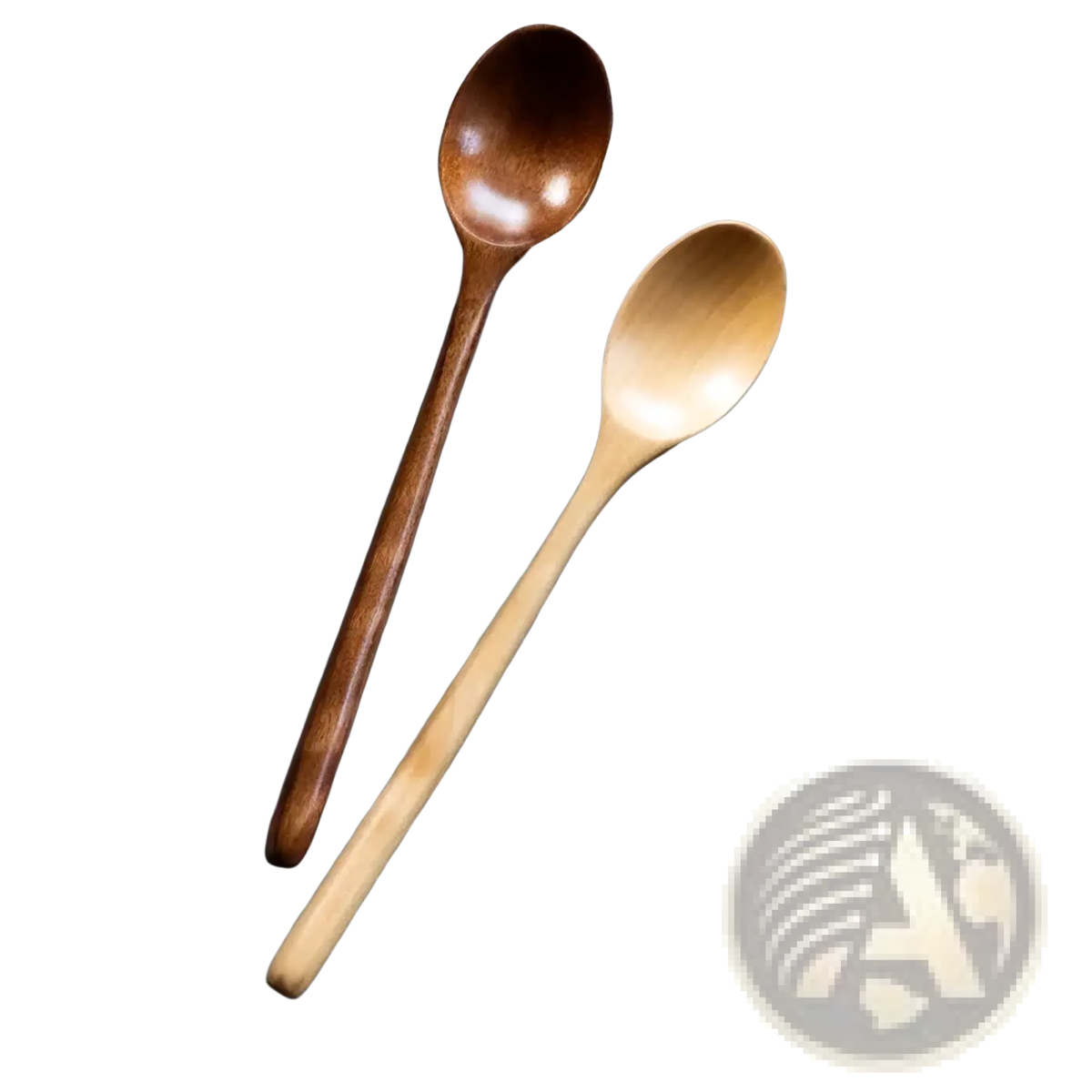 Two handcrafted wooden spoons in dark brown and natural wood tones from a four piece kitchen utensil set