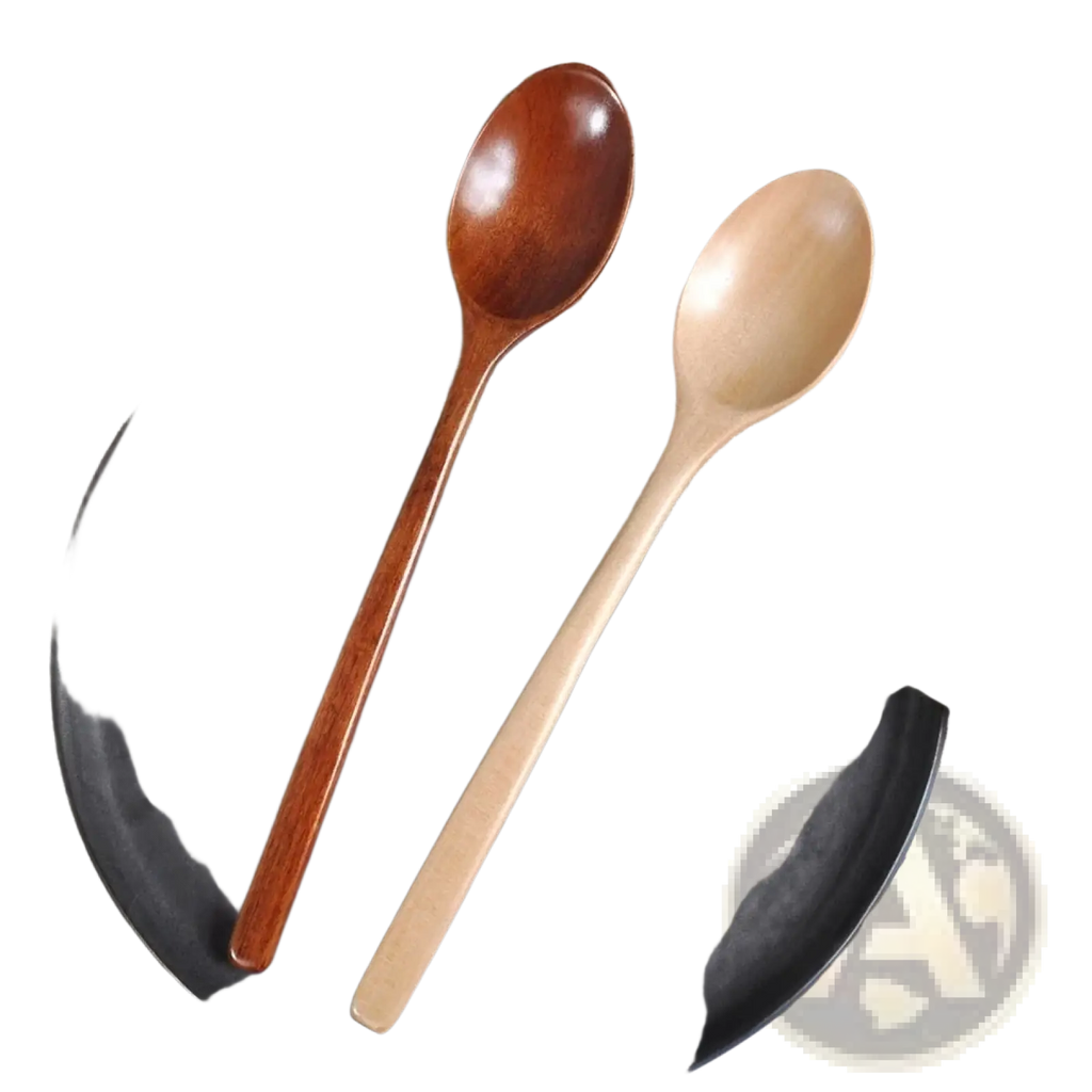 Two handcrafted wooden spoons in dark brown and natural light wood tones from a four piece kitchen utensil set