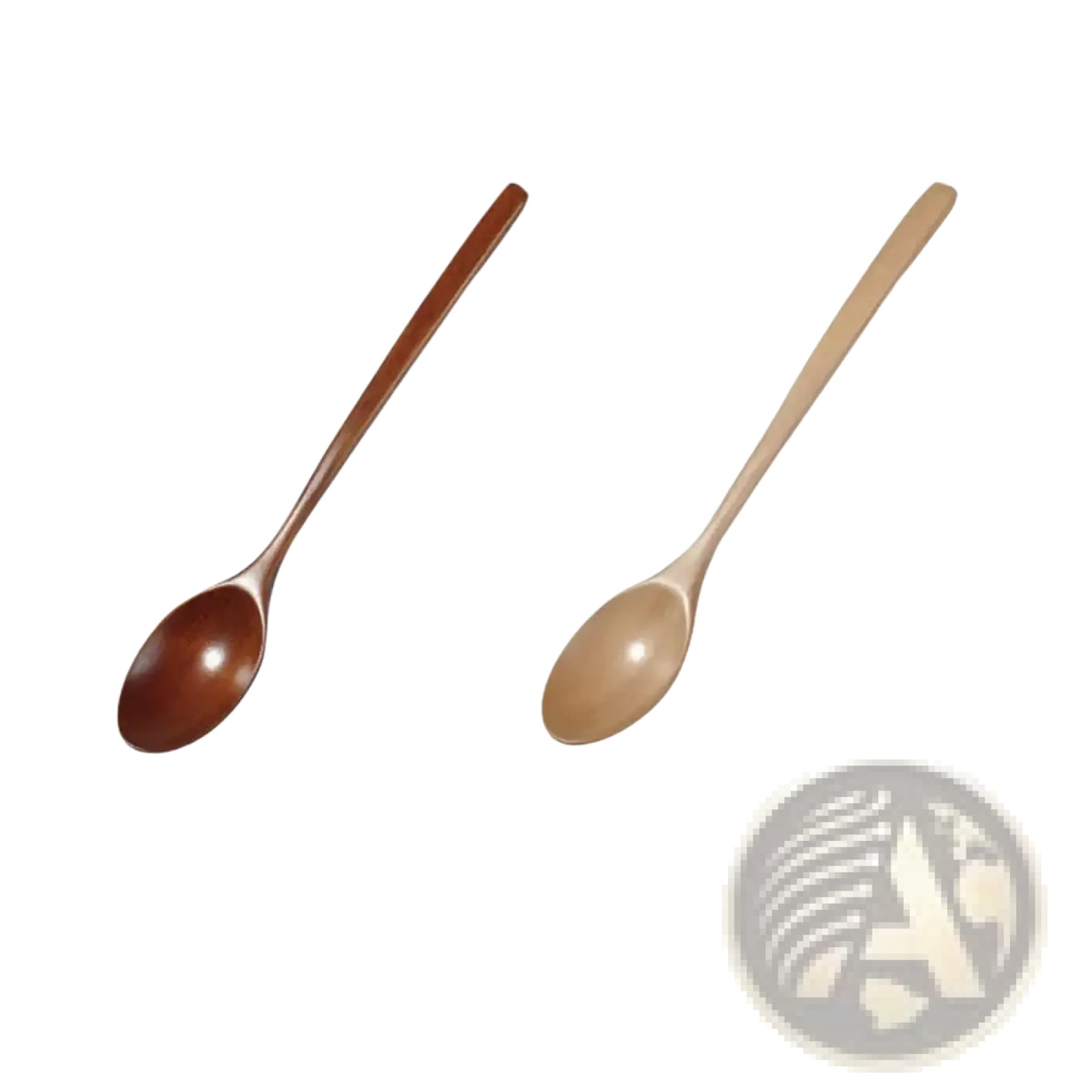 Two handcrafted wooden spoons in rich brown and natural light wood tone for kitchen utensil use
