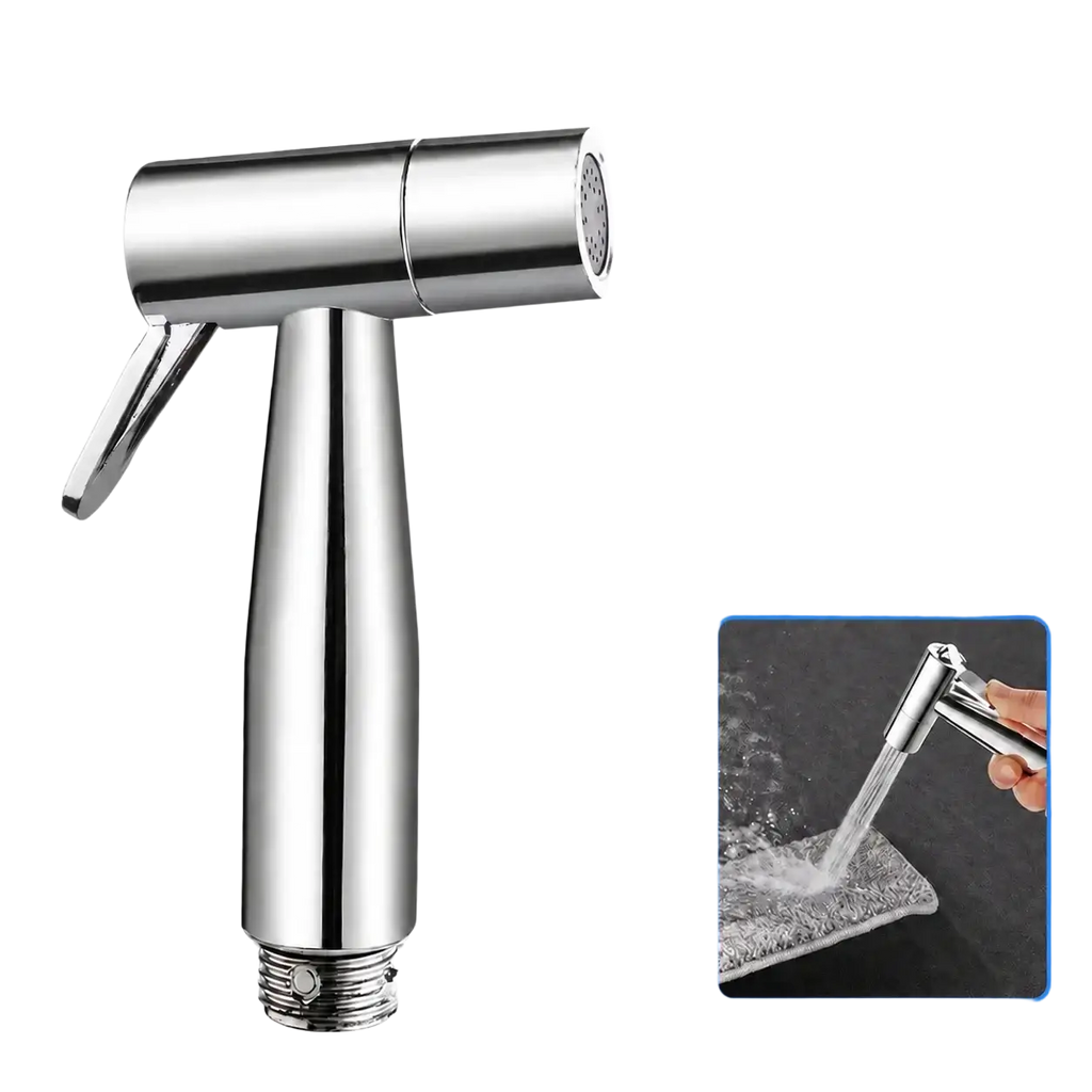 Handheld bidet sprayer nozzle chrome toilet cleaning tool with bright silver metallic pressure gun and adjustable nozzle