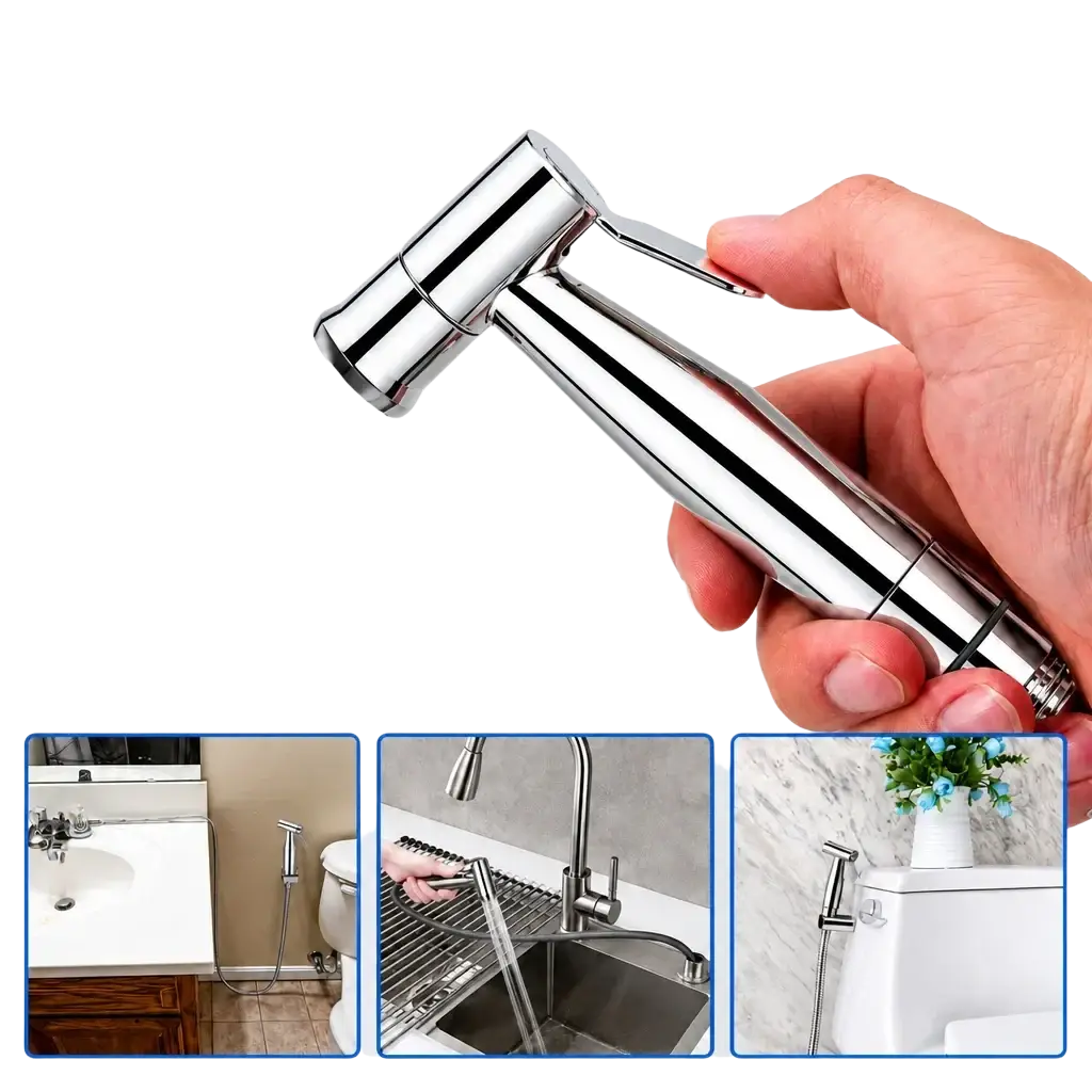 Handheld bidet sprayer nozzle in chrome finish with sleek ergonomic design and adjustable nozzle for versatile bathroom use
