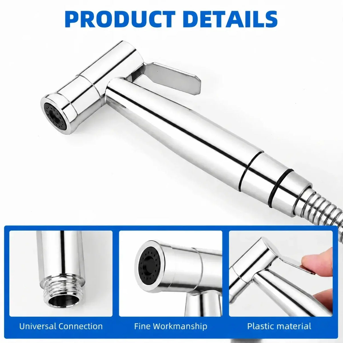 Handheld bidet sprayer nozzle chrome toilet cleaning tool with sleek ergonomic design and universal connection fitting