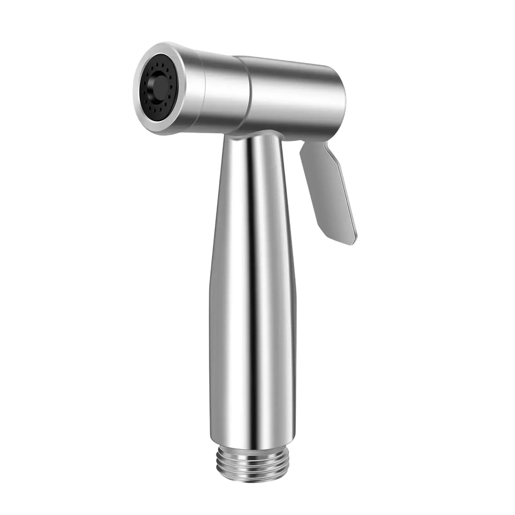 Handheld bidet sprayer nozzle in chrome with silver stainless steel body and black nozzle for toilet cleaning