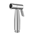 Handheld bidet sprayer nozzle in chrome with silver stainless steel body and black nozzle for toilet cleaning