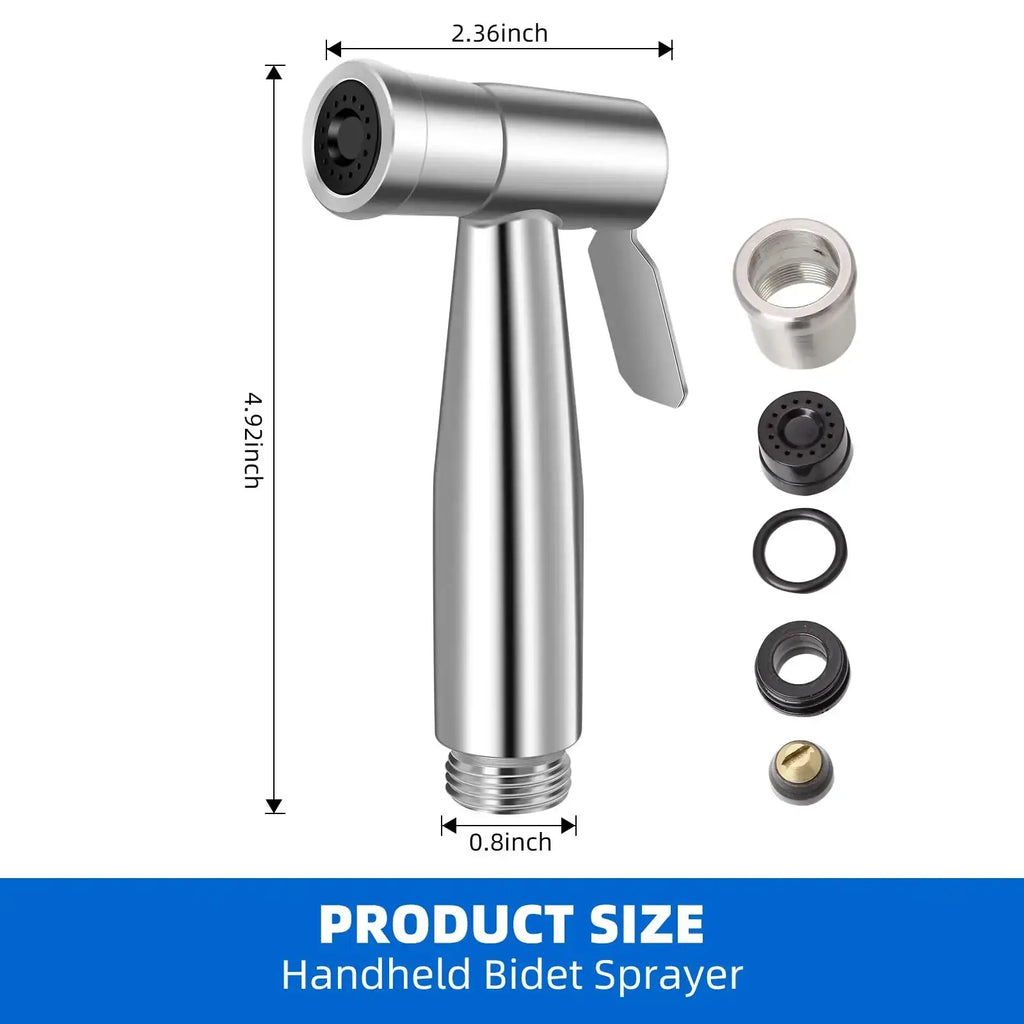Silver handheld bidet sprayer with a sleek cylindrical chrome body and black nozzle head for toilet cleaning
