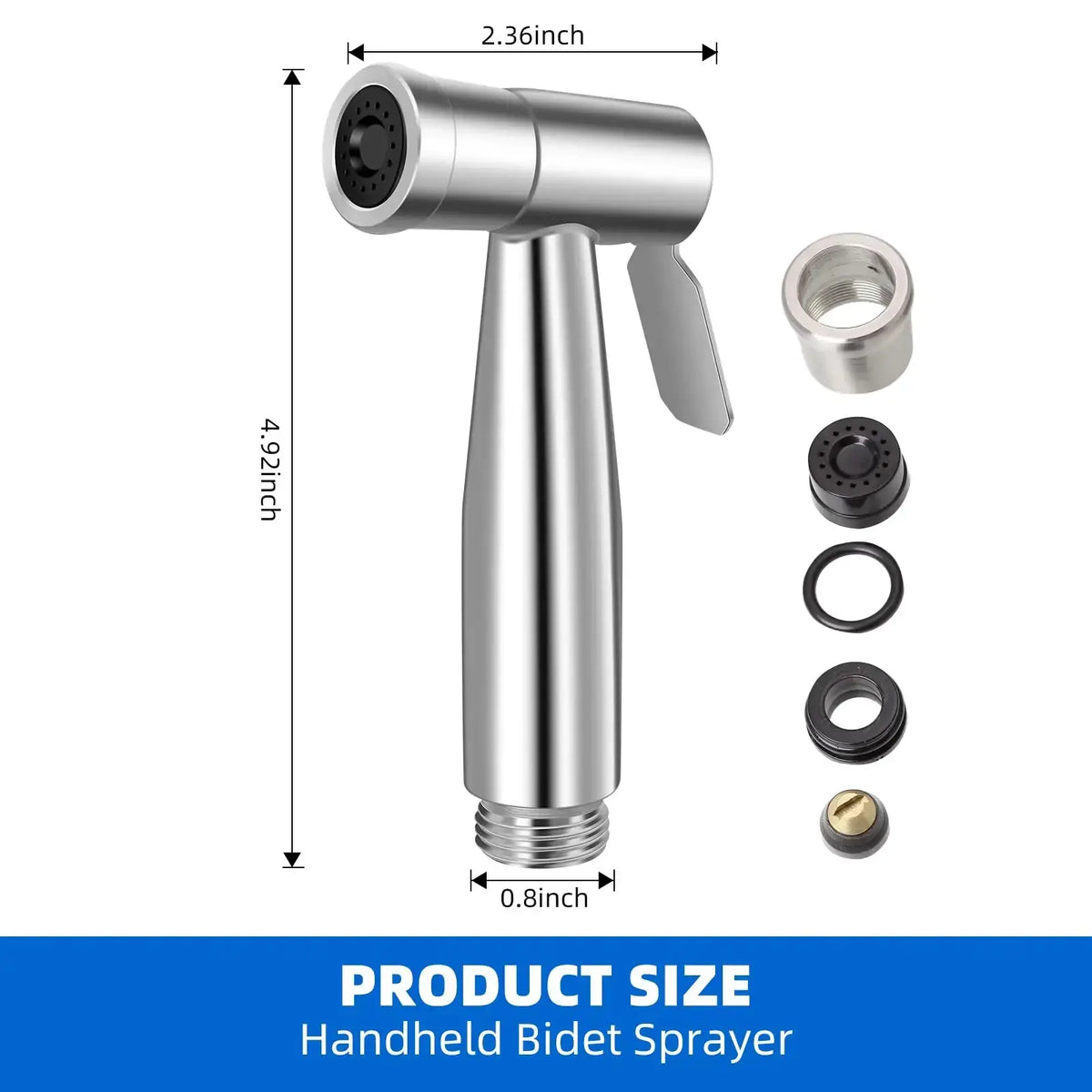 Silver handheld bidet sprayer with a sleek cylindrical chrome body and black nozzle head for toilet cleaning